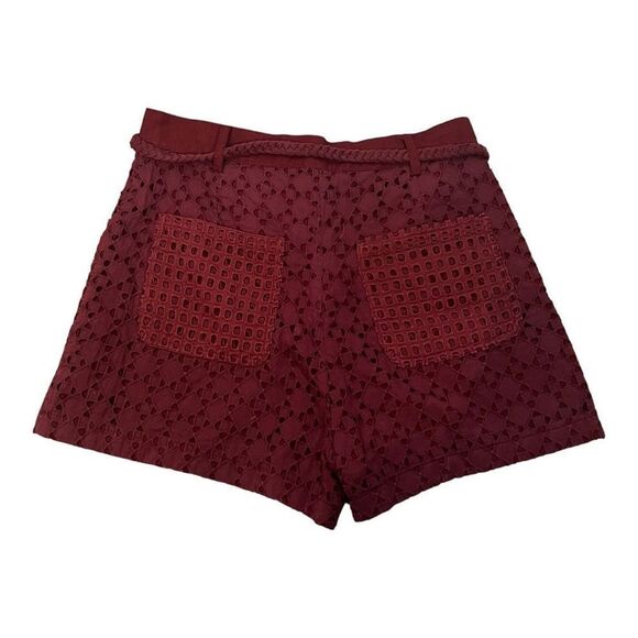 Pinko Women's Burgundy Eyelet Lace High-Rise Belted Shorts Size 2 - Picture 2 of 9